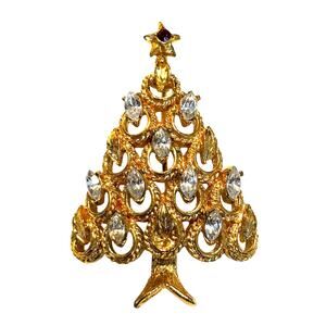 Vintage Christmas tree brooch goldtone & white rhinestones textured dimensional